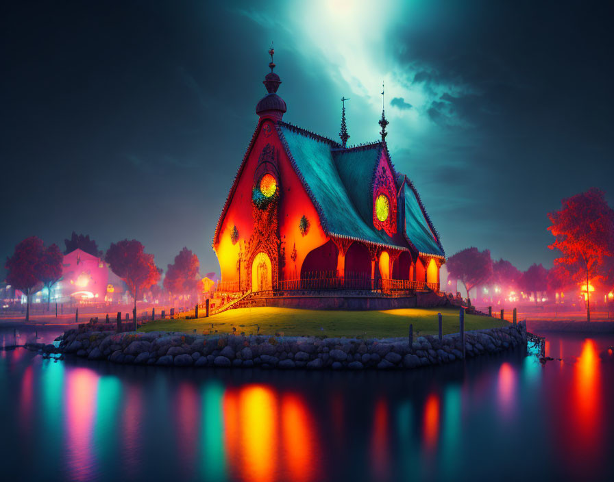 Illuminated building with spire-like adornments on islet at twilight
