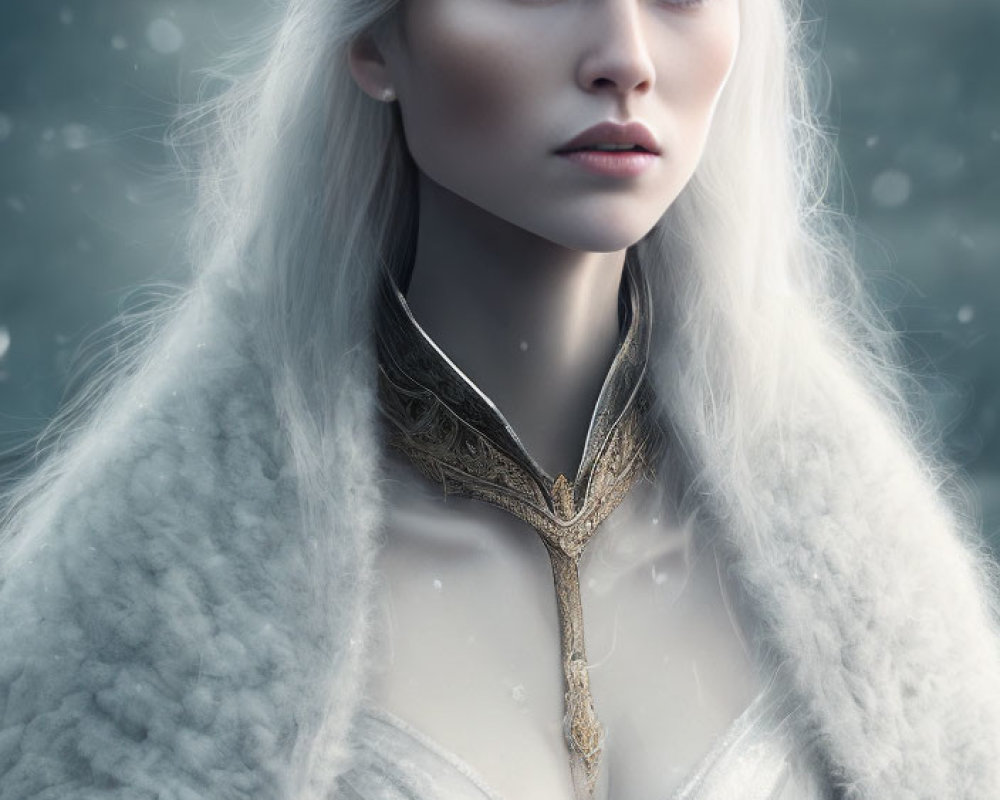 Ethereal white-haired woman with antlers in fur cloak and gown amid snowflakes