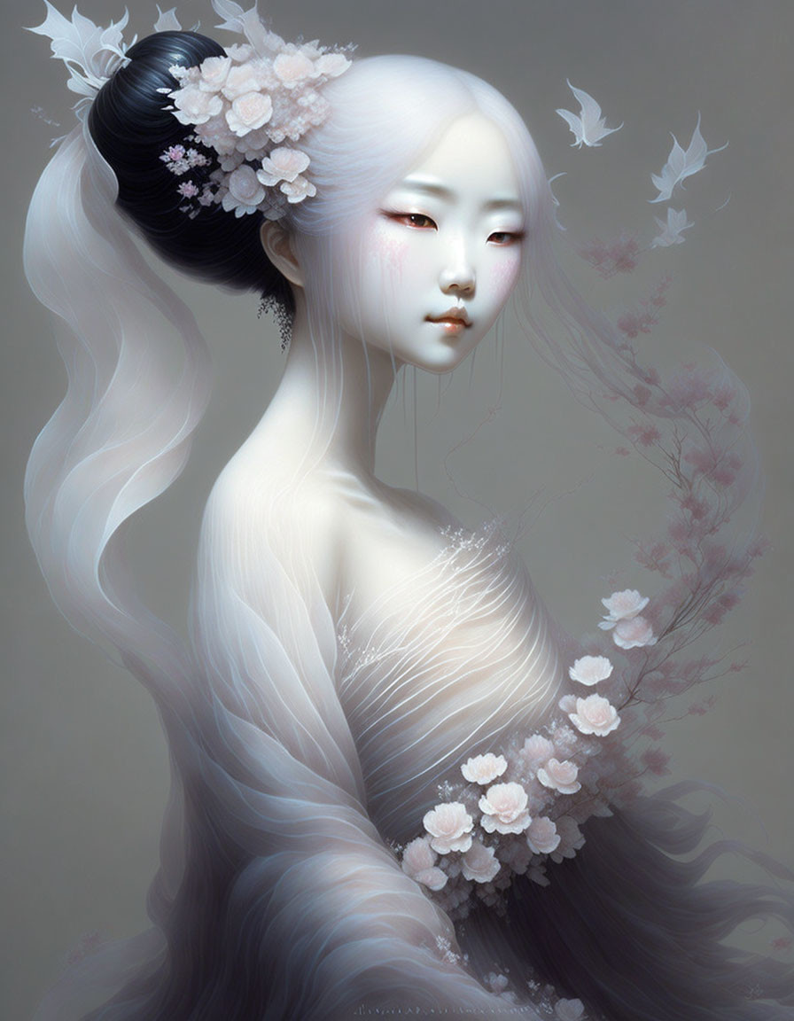 Ethereal figure with pale skin and dark hair adorned with pink flowers in an illustration.
