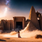 Woman in flowing gown at ancient temple in swirling sands under dramatic sky with comet
