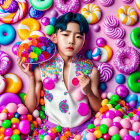 Blue-haired person with glitter makeup surrounded by vibrant candies and sweets