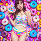 Colorful Striped Bikini Woman with Candy and Donuts on Purple Background