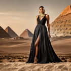 Woman in black dress and bold jewelry at Great Pyramids of Giza at dusk