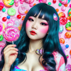 Blue-haired woman with lollipop in candy-themed outfit against colorful background