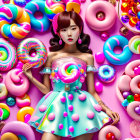 Colorful Dress Woman with Lollipop and Sweets on Pink Background