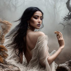 Dark-haired woman with intense gaze in silver hairpiece, wrapped in flowing fabrics, amid foggy forest