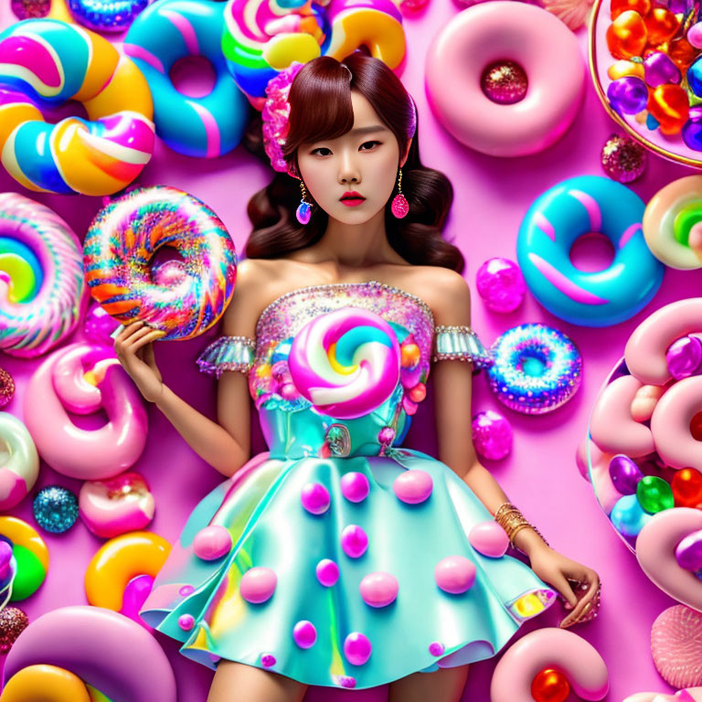Colorful Dress Woman with Lollipop and Sweets on Pink Background
