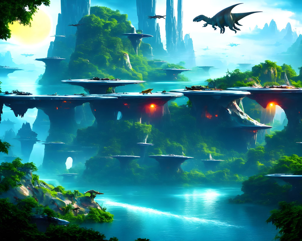 Fantastical landscape with rock formations, bridges, waterfalls, and flying dragons at sunset.