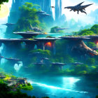 Fantastical landscape with rock formations, bridges, waterfalls, and flying dragons at sunset.