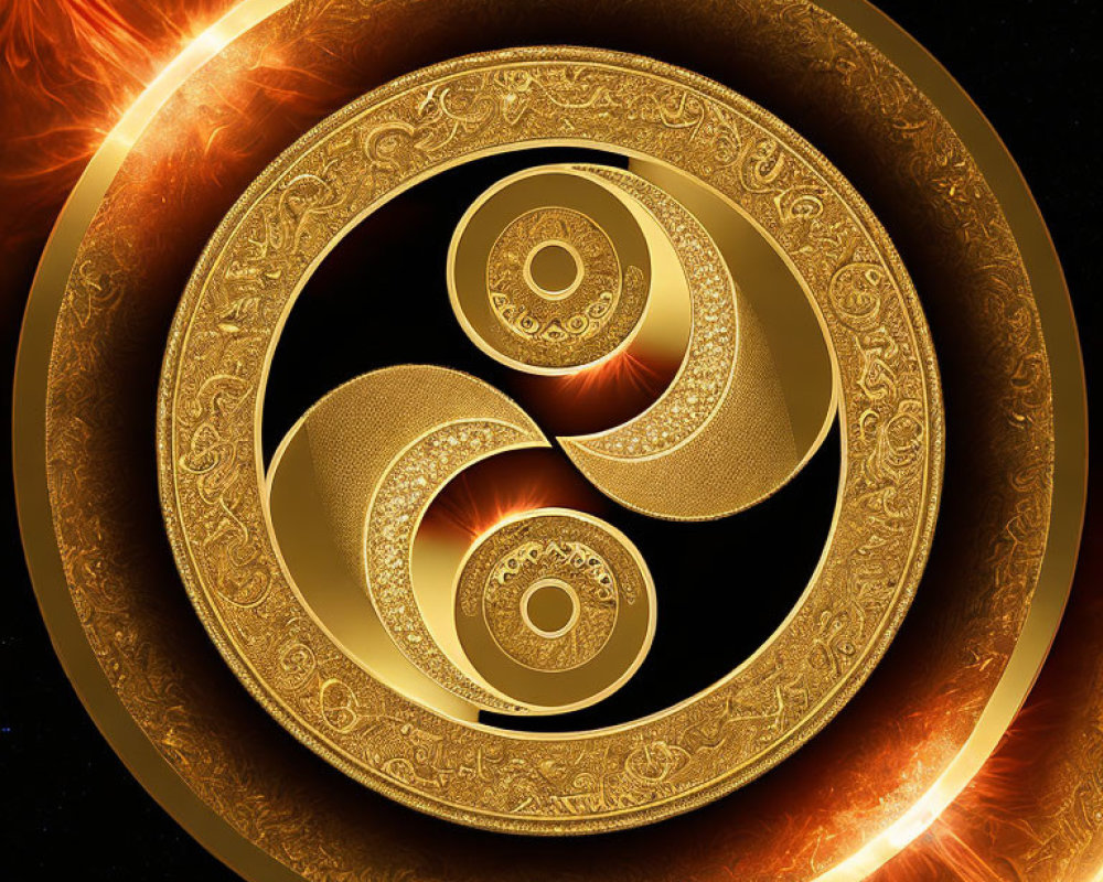 Intricate Golden Spiral Fractal on Fiery Background