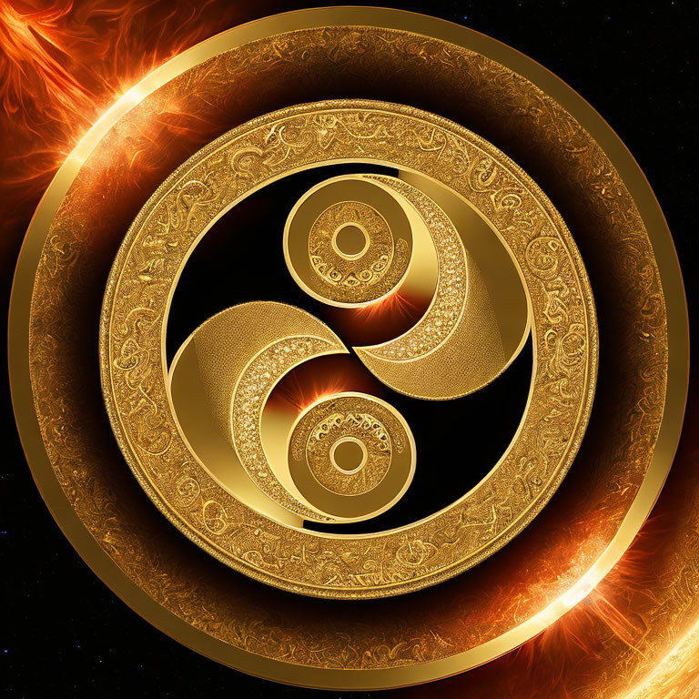 Intricate Golden Spiral Fractal on Fiery Background