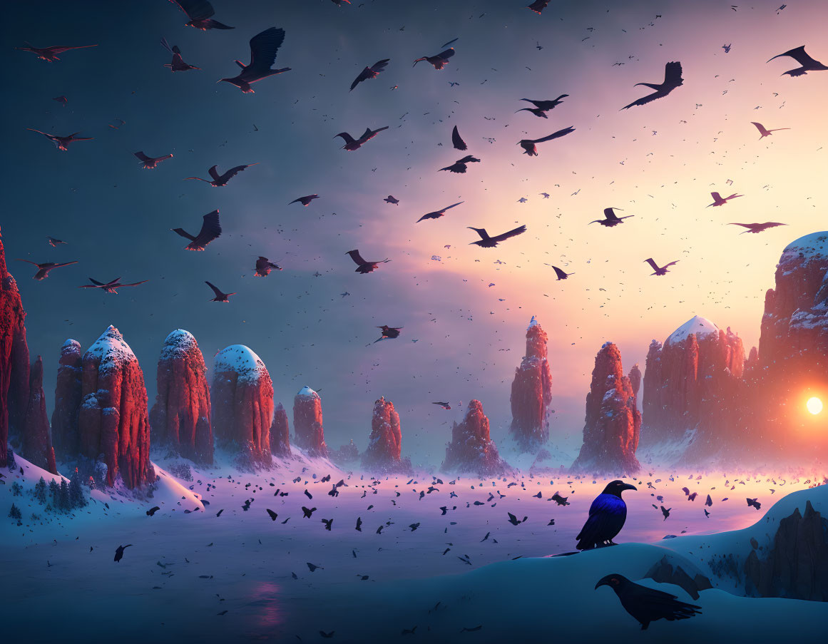 Mystical winter landscape with birds, snow, and raven.