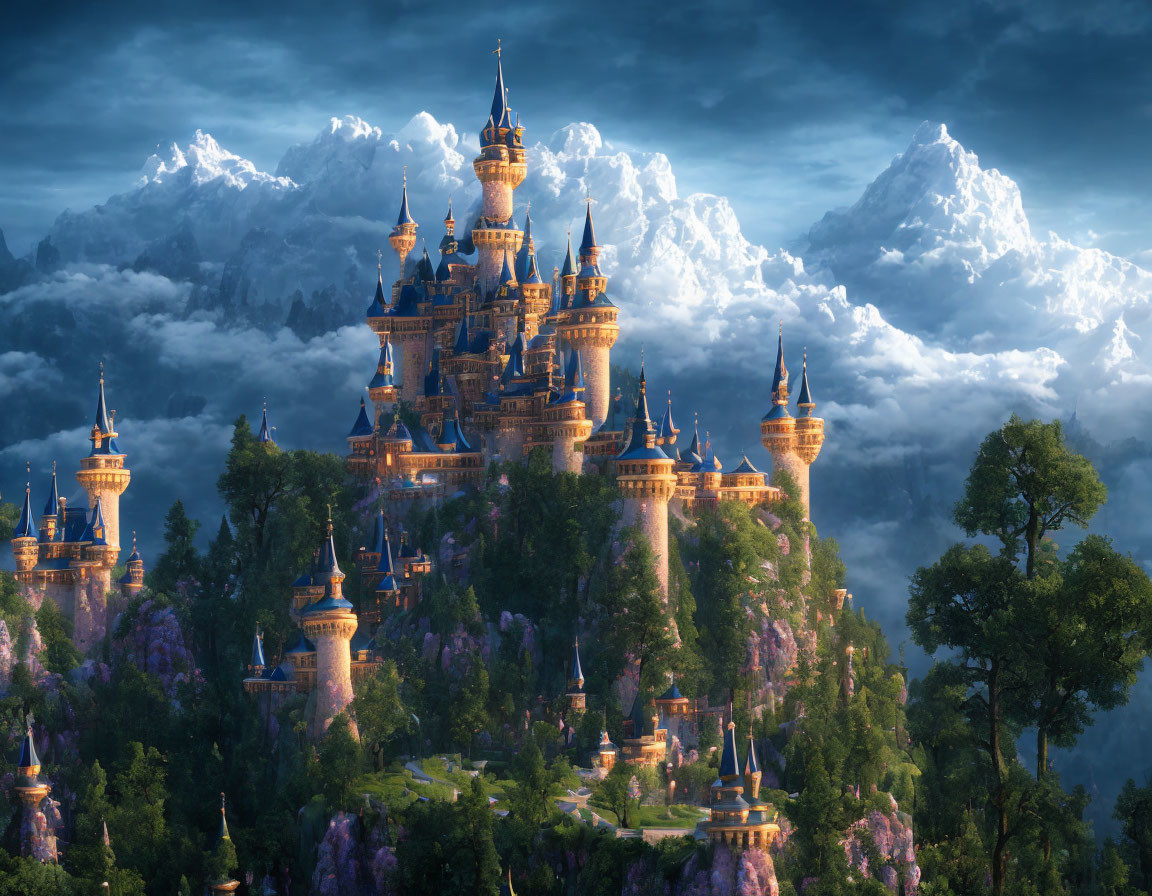 Majestic fairytale castle on lush hill with purple foliage