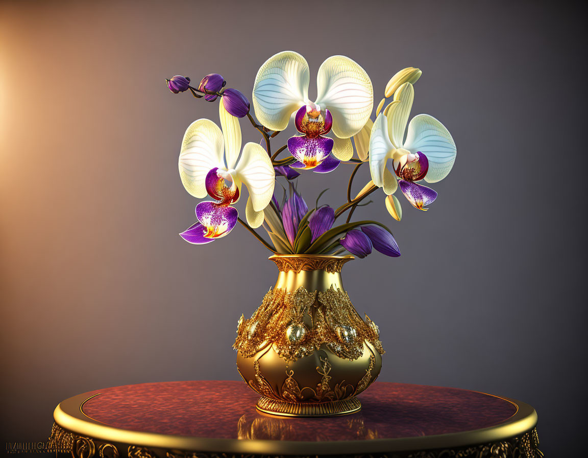 Orchid bouquet in golden vase on wooden table