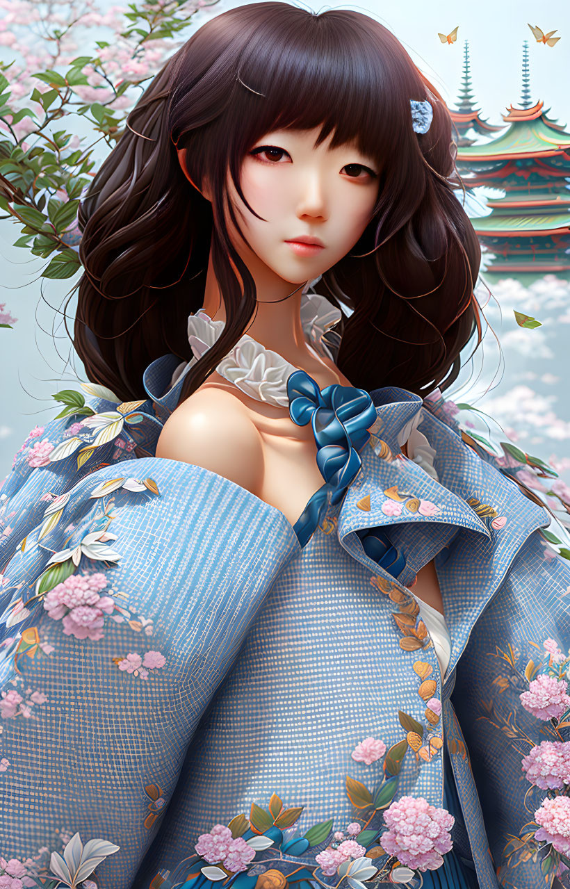 Illustration of female character in blue floral kimono with pagoda and cherry blossoms.