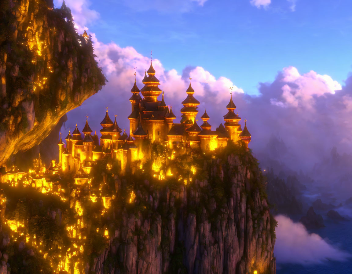 Enchanting castle with golden-lit spires on cliff at twilight