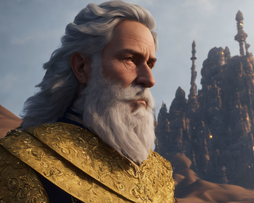 Elderly man in golden armor with white beard in desert setting