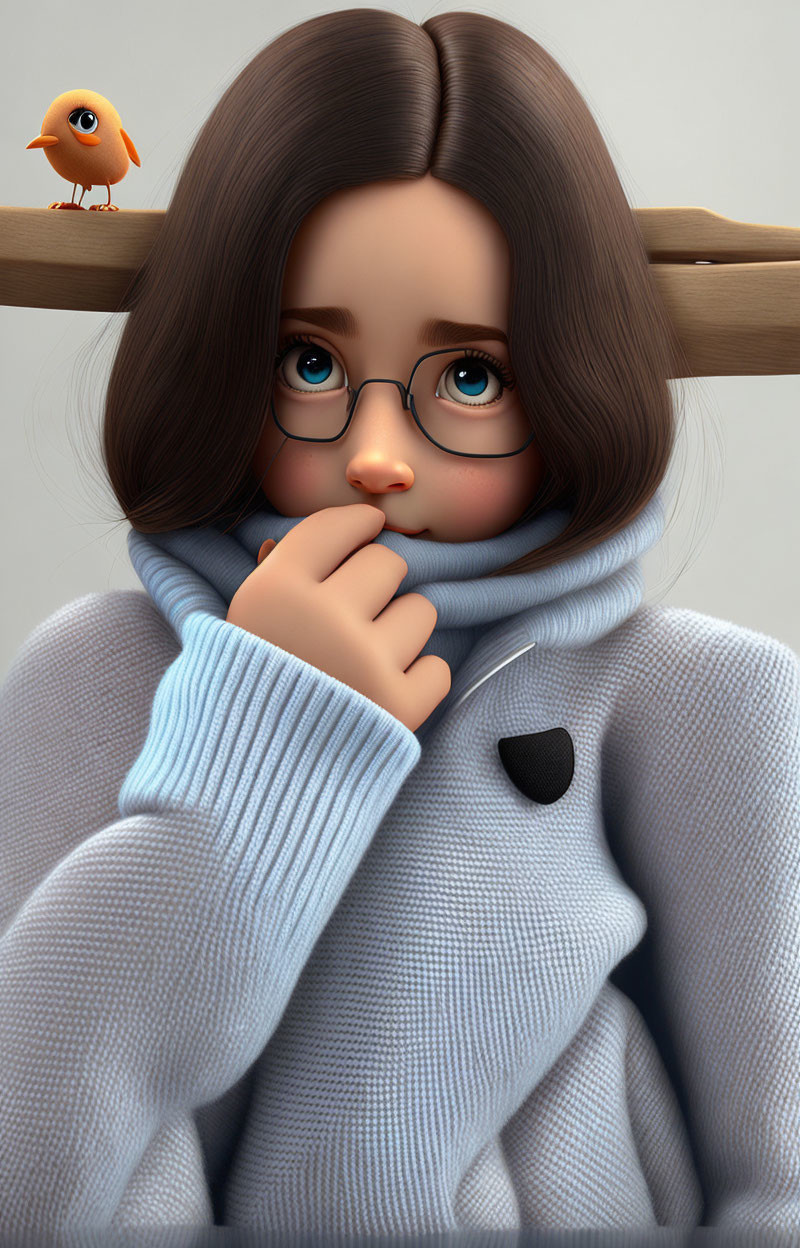 Stylized 3D illustration of girl with brown hair, blue eyes, glasses, blue sweater