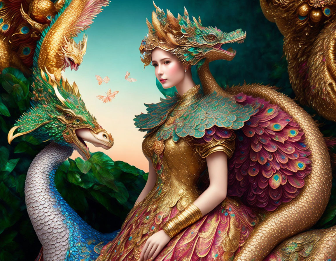 Opulent woman in dragon-themed attire against lush green backdrop