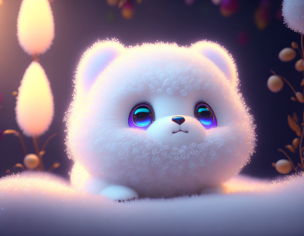 Fluffy White Creature with Sparkling Purple Eyes in Mystical Pink Environment