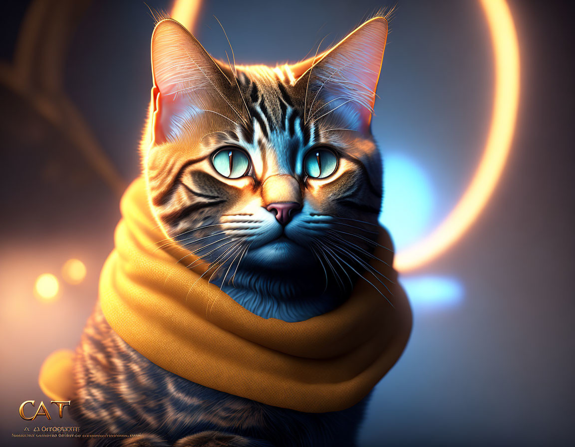Hyper-realistic cat with blue eyes and yellow scarf on crescent moon background