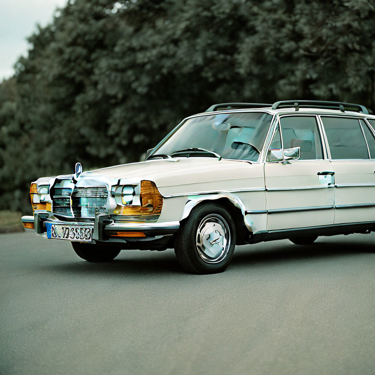 Classic White Mercedes-Benz Station Wagon on Road with Blurred Greenery