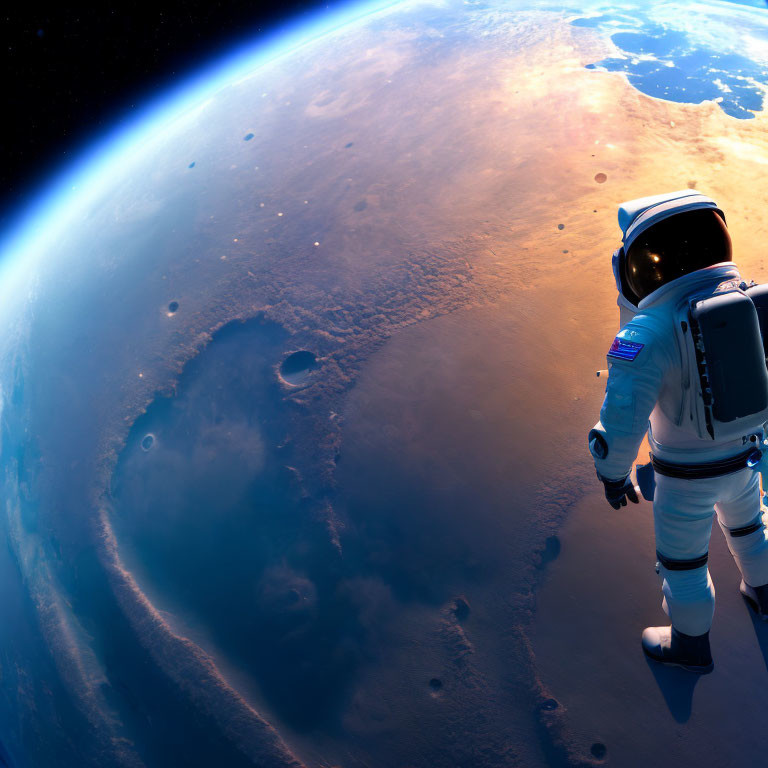 White space suit astronaut views Mars-like landscape with Earth in background