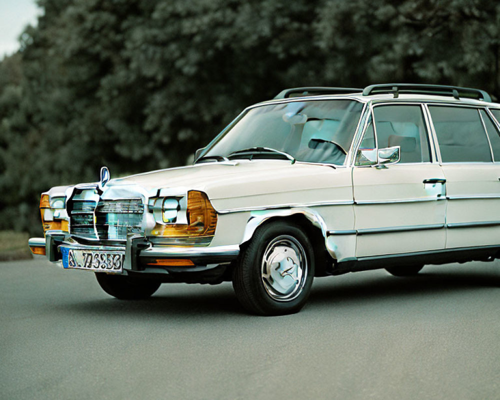 Classic White Mercedes-Benz Station Wagon on Road with Blurred Greenery
