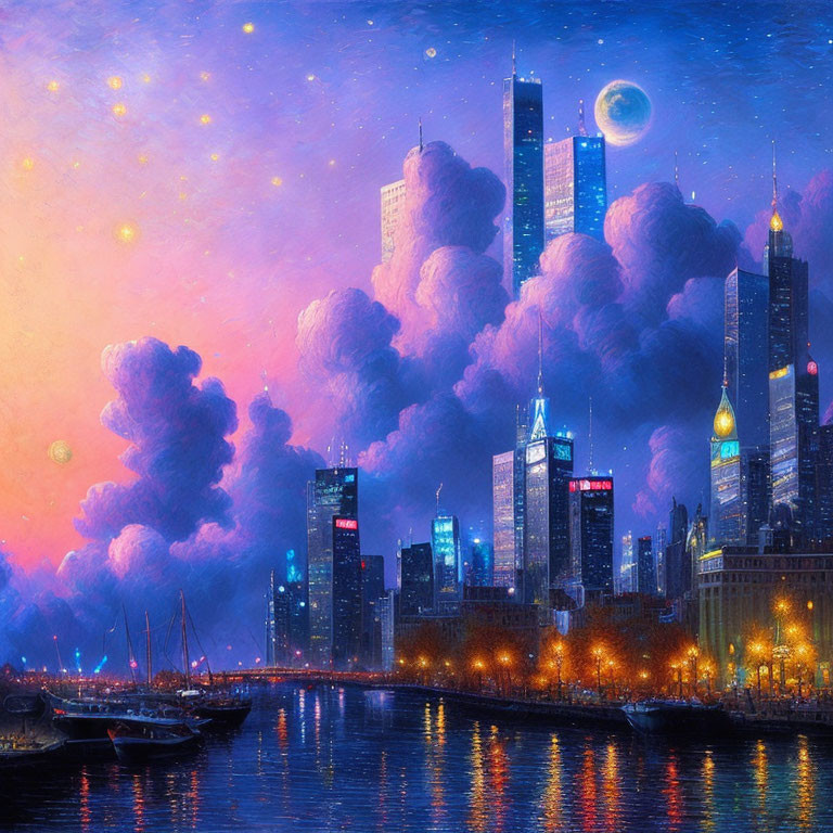 Twilight cityscape with illuminated skyscrapers and crescent moon