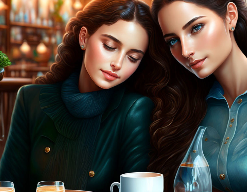 Two young women in a cafe, leaning on each other.