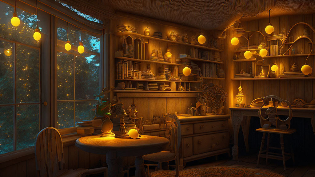 Warmly Lit Dusk Interior with Wooden Furniture and Pottery Decor