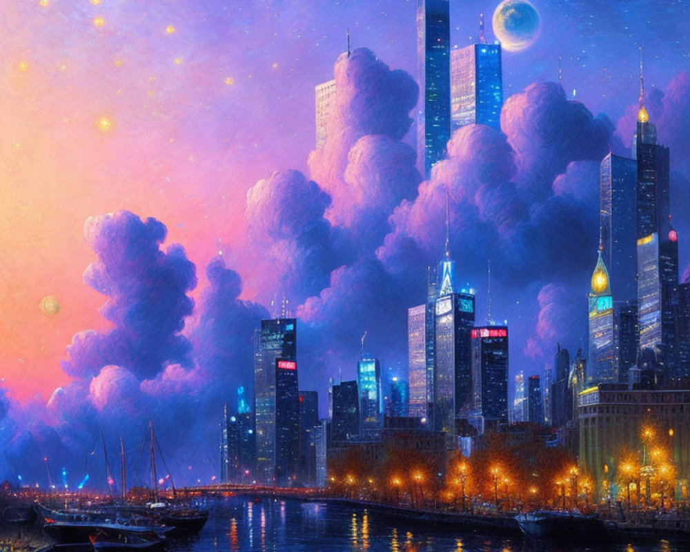 Twilight cityscape with illuminated skyscrapers and crescent moon