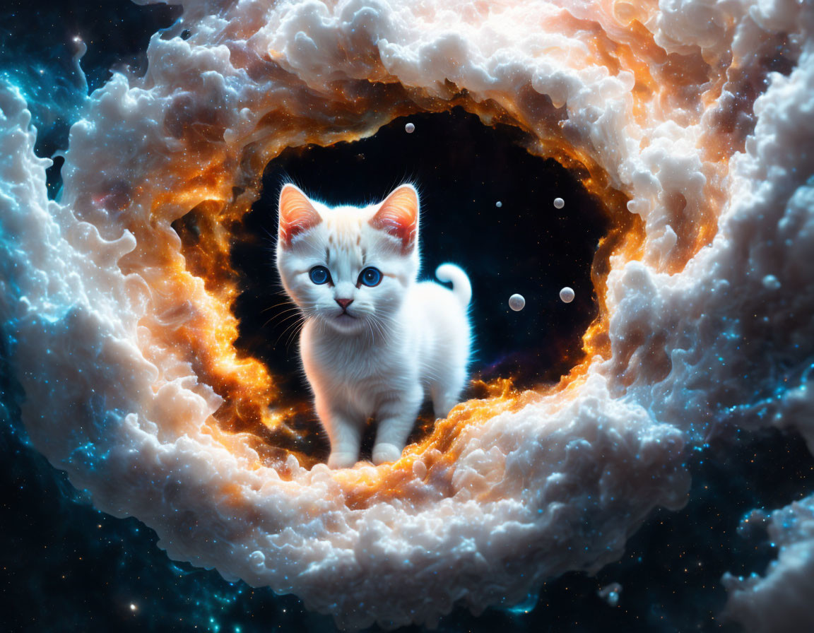 A white kitty in the middle of the galaxy milk