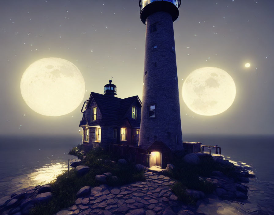 Misty twilight scene with lighthouse, house, dual moons, and starry sky