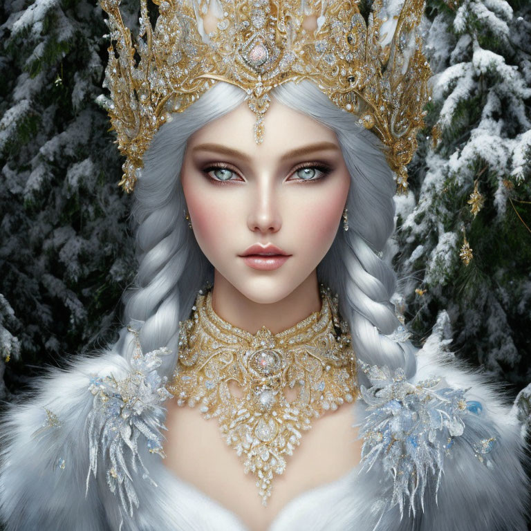 Pale-skinned figure with grey braided hair in ornate crown and blue cloak against snowy backdrop