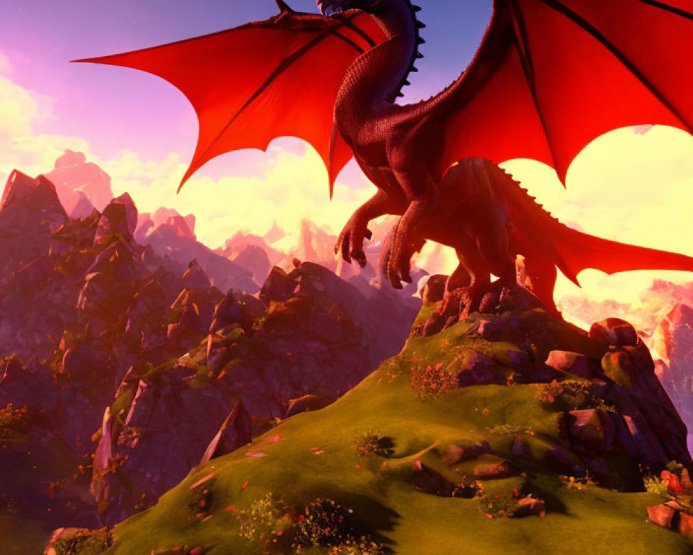 Majestic red dragon on green hill with mountains and sunset