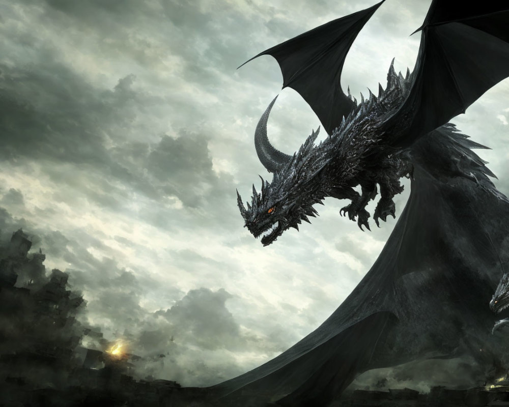 Black dragon with large wings and fiery orange eyes descending over crumbled landscape