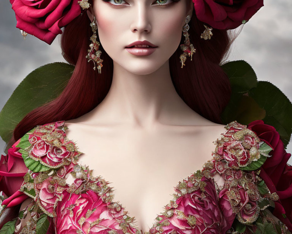 Red-haired woman with rose-adorned hair and green eyes in a dress with rose and golden embroidery