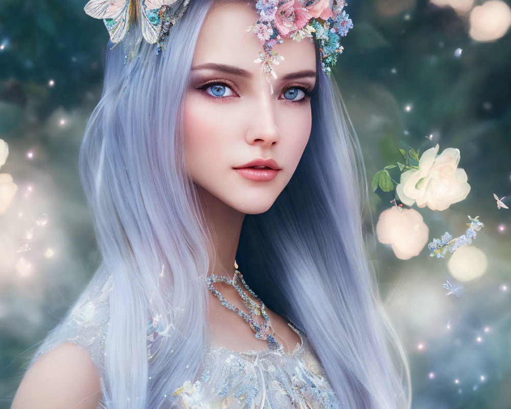 Digital artwork: Woman with pastel purple hair, blue eyes, floral headpiece, in glowing forest