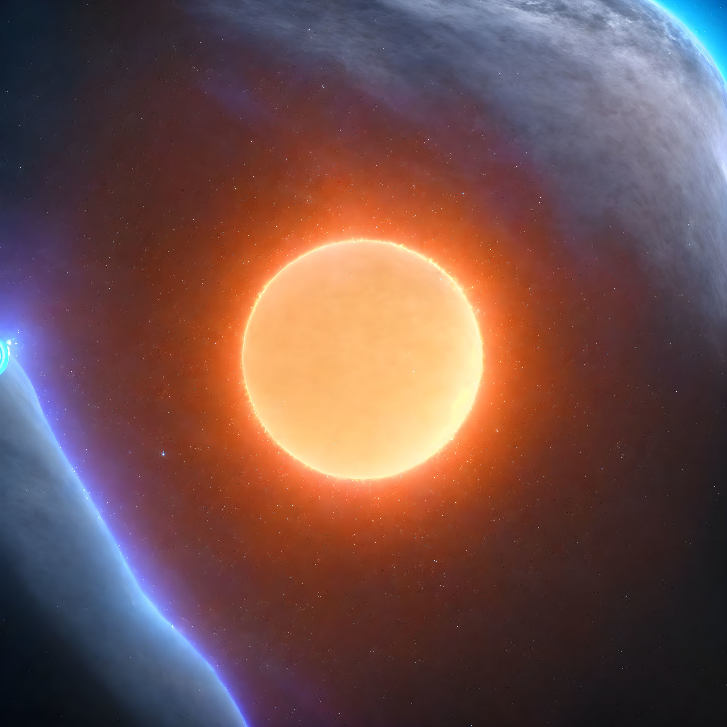 Bright orange star shines behind dark planet in cosmic scene.