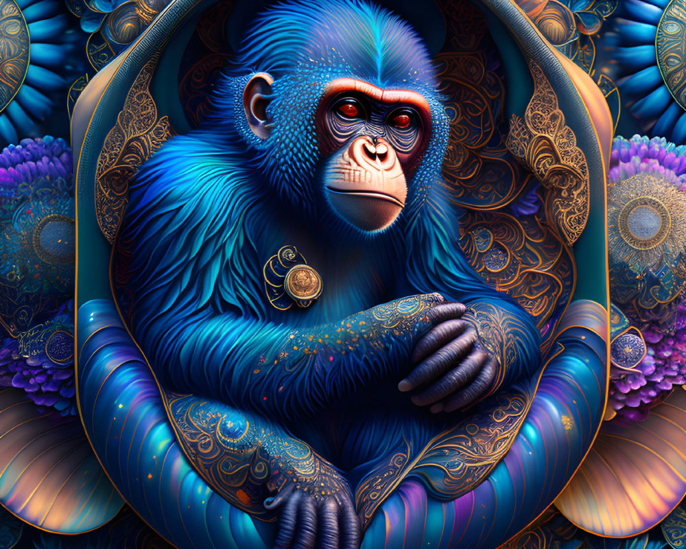 Colorful Surreal Illustration of Blue Monkey with Intricate Fur Pattern