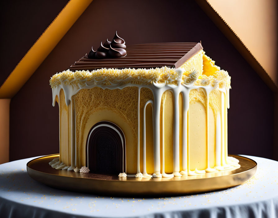 House-shaped decadent cake with white icing, chocolate accents, dripping details, and gold-trimmed