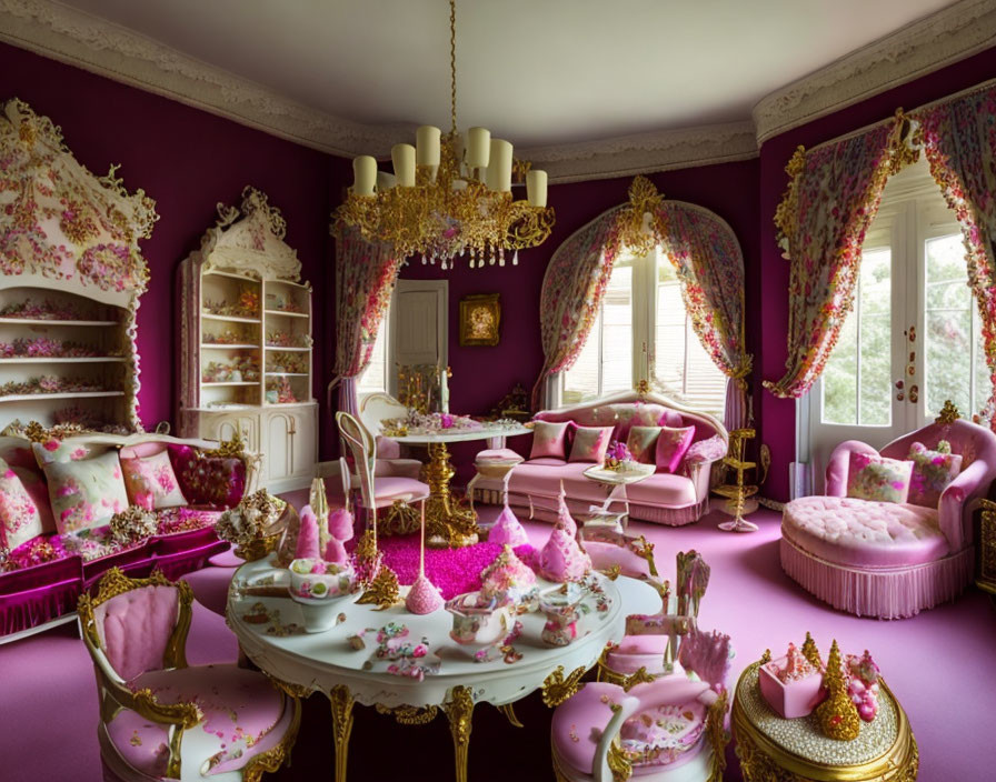 Luxurious Pink and White Room with Floral Patterns, Gold Accents, and Purple Walls