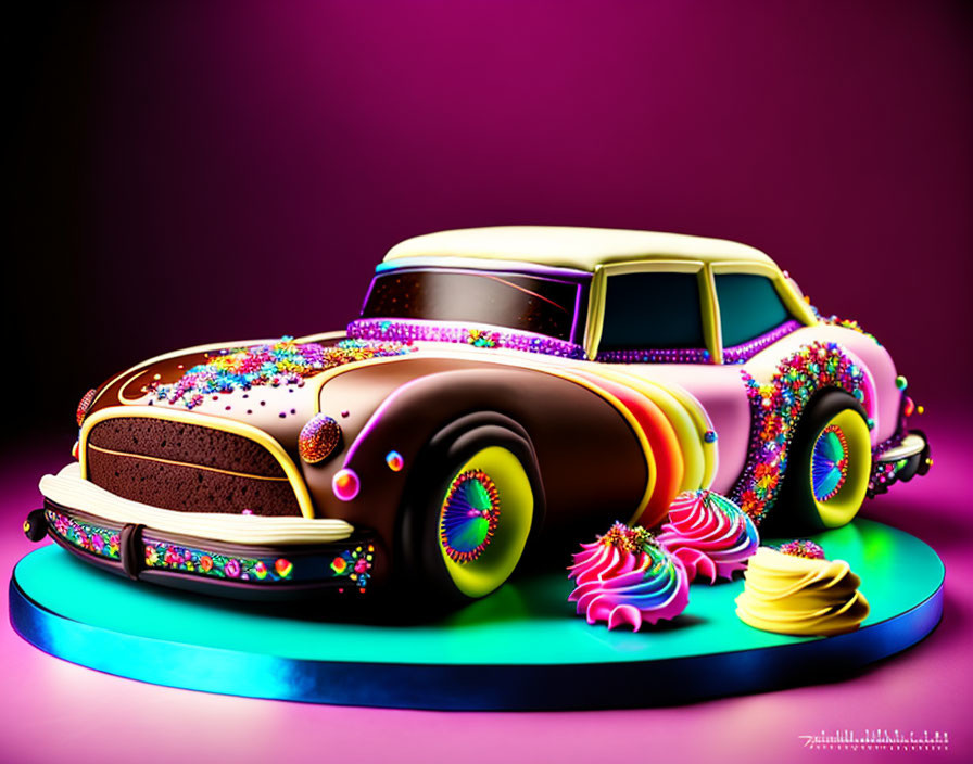 Vibrant car-shaped cake with colorful icing on blue stand.