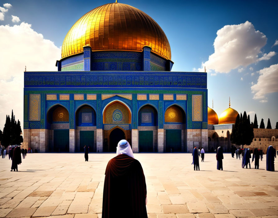 Traditional attire figure admiring Dome of the Rock in Jerusalem plaza