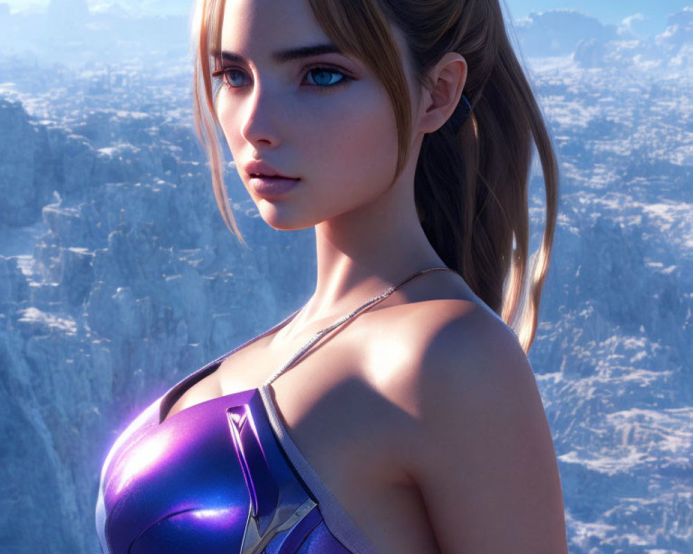 Blonde Female Character in Purple Outfit on Mountainous Background
