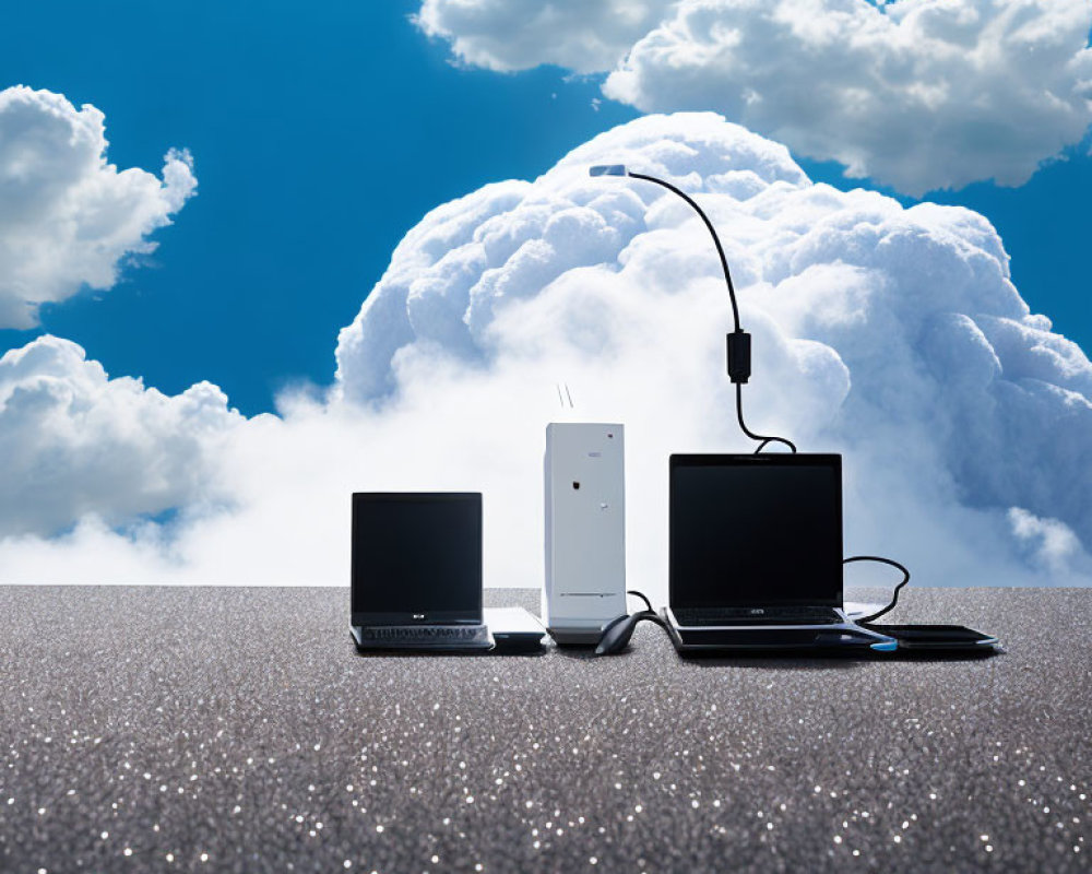 Two laptops connected by cables on glittery surface with router, against cloud-filled blue sky.