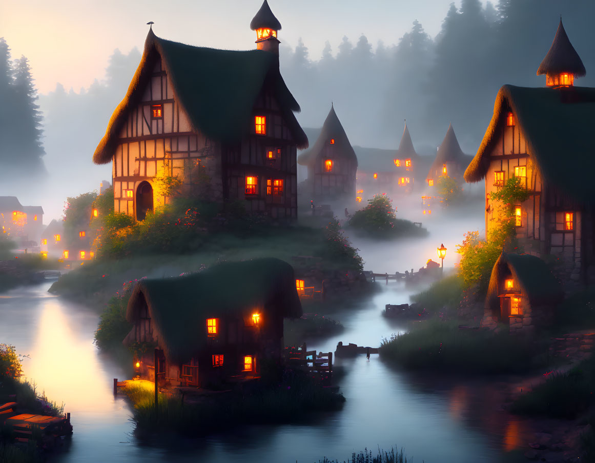 Tranquil village at twilight with cozy houses, flowing river, and mystical fog