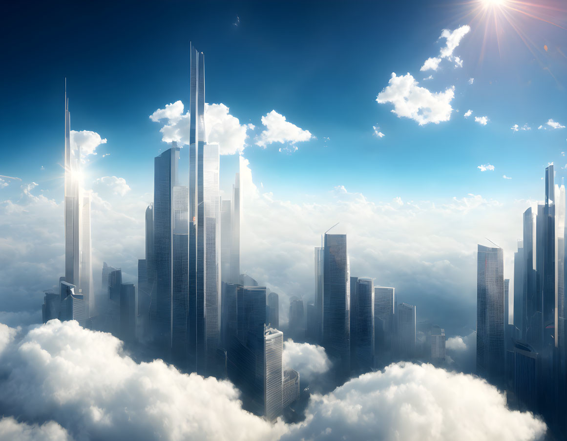 Futuristic skyline with tall skyscrapers under sunlit blue sky