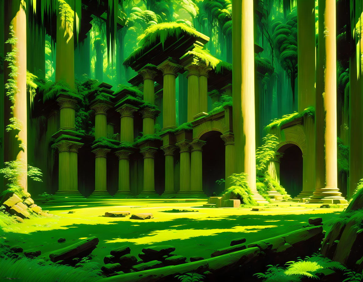 Ethereal green forest with ancient towering pillars and mystical light